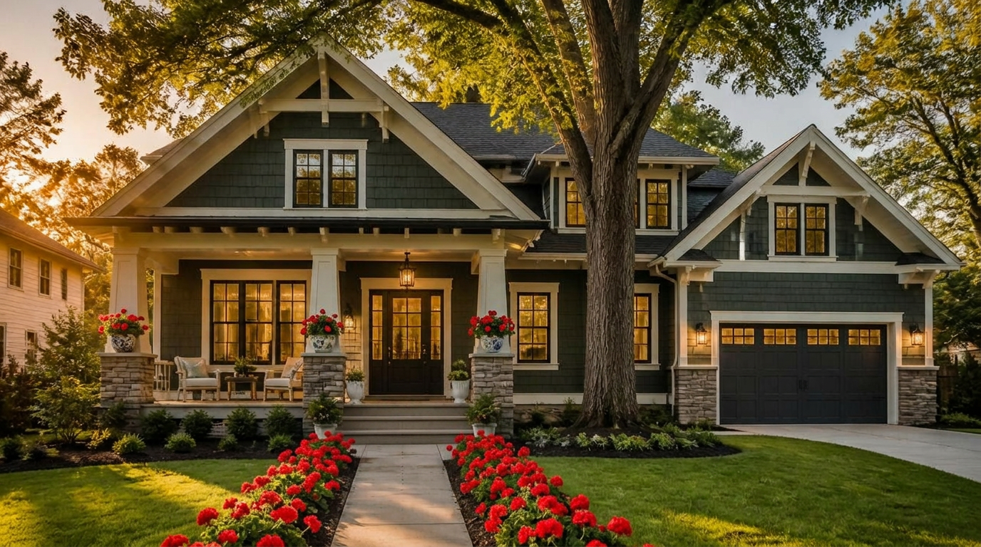 Beautiful craftsman home in Atlanta at golden hour